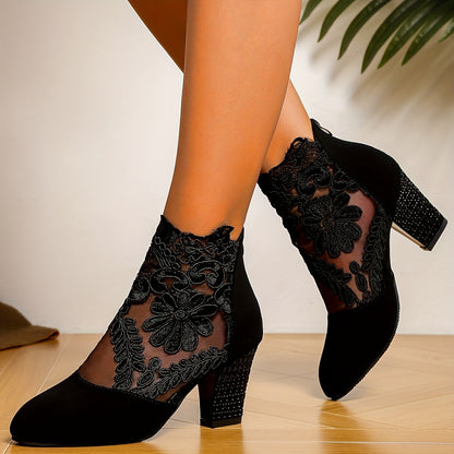 vlovelaw  Women's Flower Pattern Block Heels, Breathable Mesh Back Zipper Heels, Women's Stylish Heels