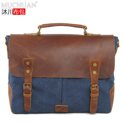 VLOVELAW 2025 Muchuan cloth bag, genuine leather with canvas with genuine leather, 2025 retro mailman bag, one-shoulder messenger bag, portable briefcase.