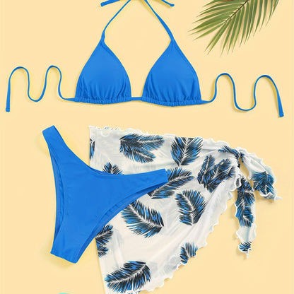 Three-Piece Bikini Set - Flattering Halter Neck Design, Ultra Quick-Drying Technology, Comfortable Four-Way Stretch Fabric - Designed for Women, Vibrant Feather Print Pattern, Matching Cover Up Skirt, Perfect for Beachwear and Poolside Fashion