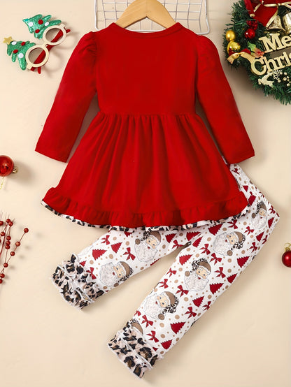 Toddler Girl's Festive Santa Claus Outfit - Ruffled Hem Long Sleeve Top with Cute Print, Flared Pants Set for Party Casual Wear - Soft, Comfortable, and Adorable Clothing for Festive Occasions and Holiday Parties