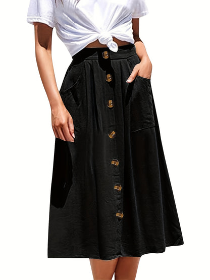 Plus Size Elegant Skirt, Women's Plus Solid Button Decor Slight Stretch Pleated Maxi Skirt With Pockets