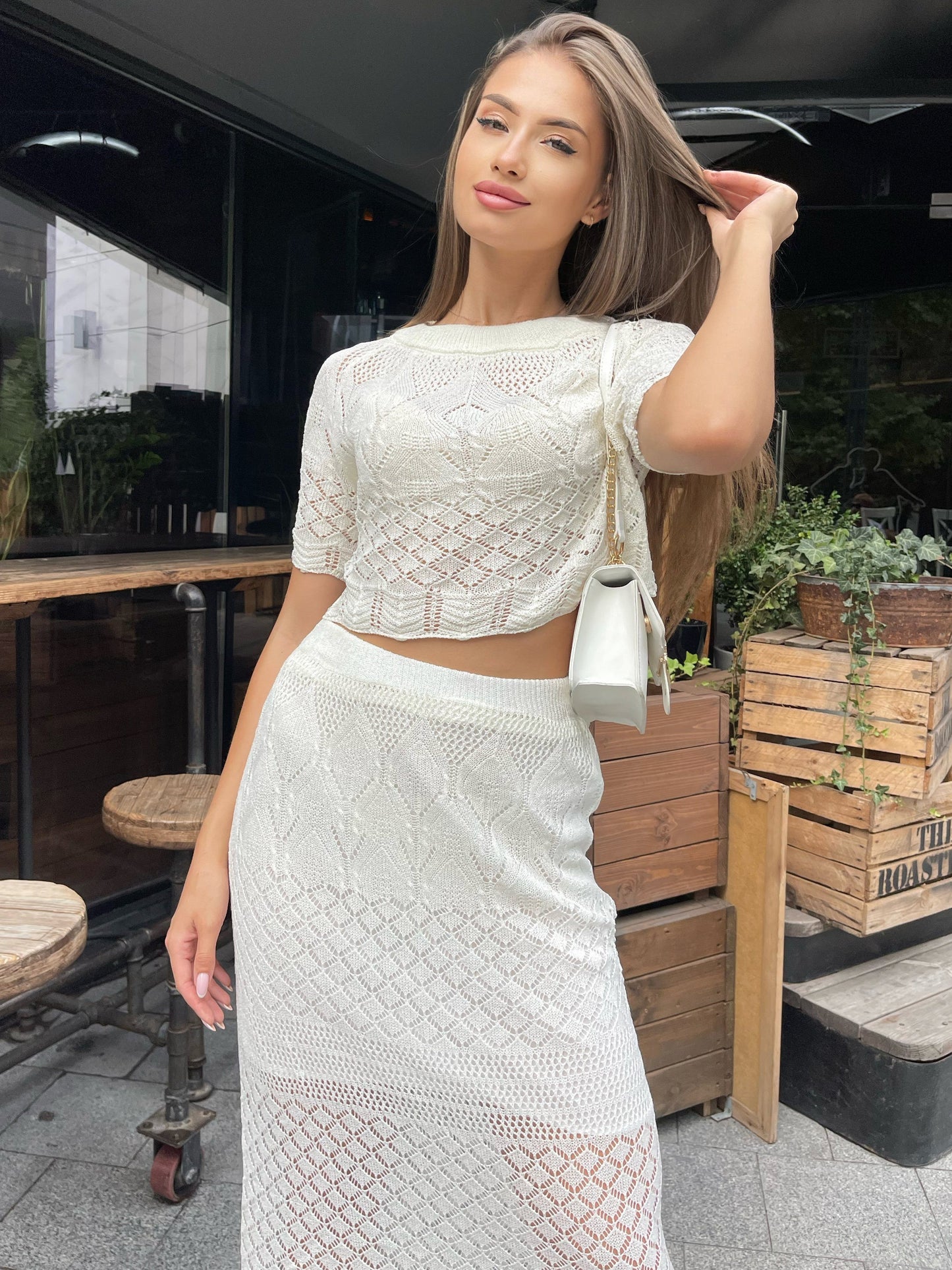 vlovelaw  Hollow Out Knitted Skirt Suit, Crew Neck Short Sleeve Crop Top & High Waist Scallop Trim Semi-sheer Skirt Outfits, Women's Clothing