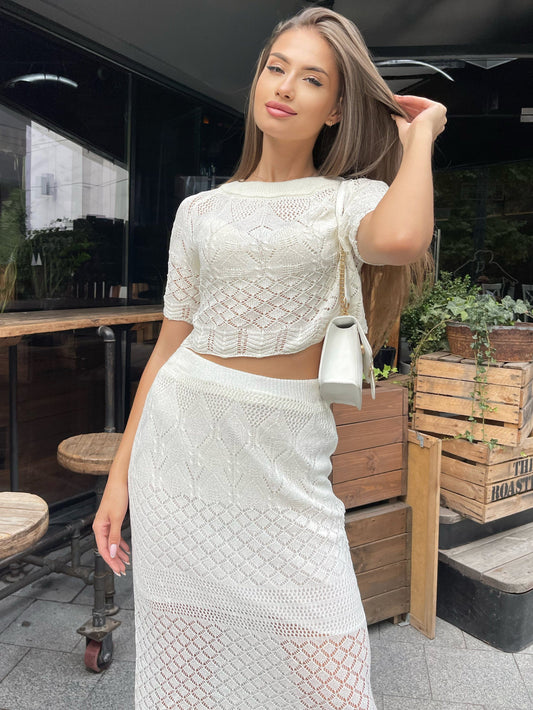 vlovelaw  Hollow Out Knitted Skirt Suit, Crew Neck Short Sleeve Crop Top & High Waist Scallop Trim Semi-sheer Skirt Outfits, Women's Clothing