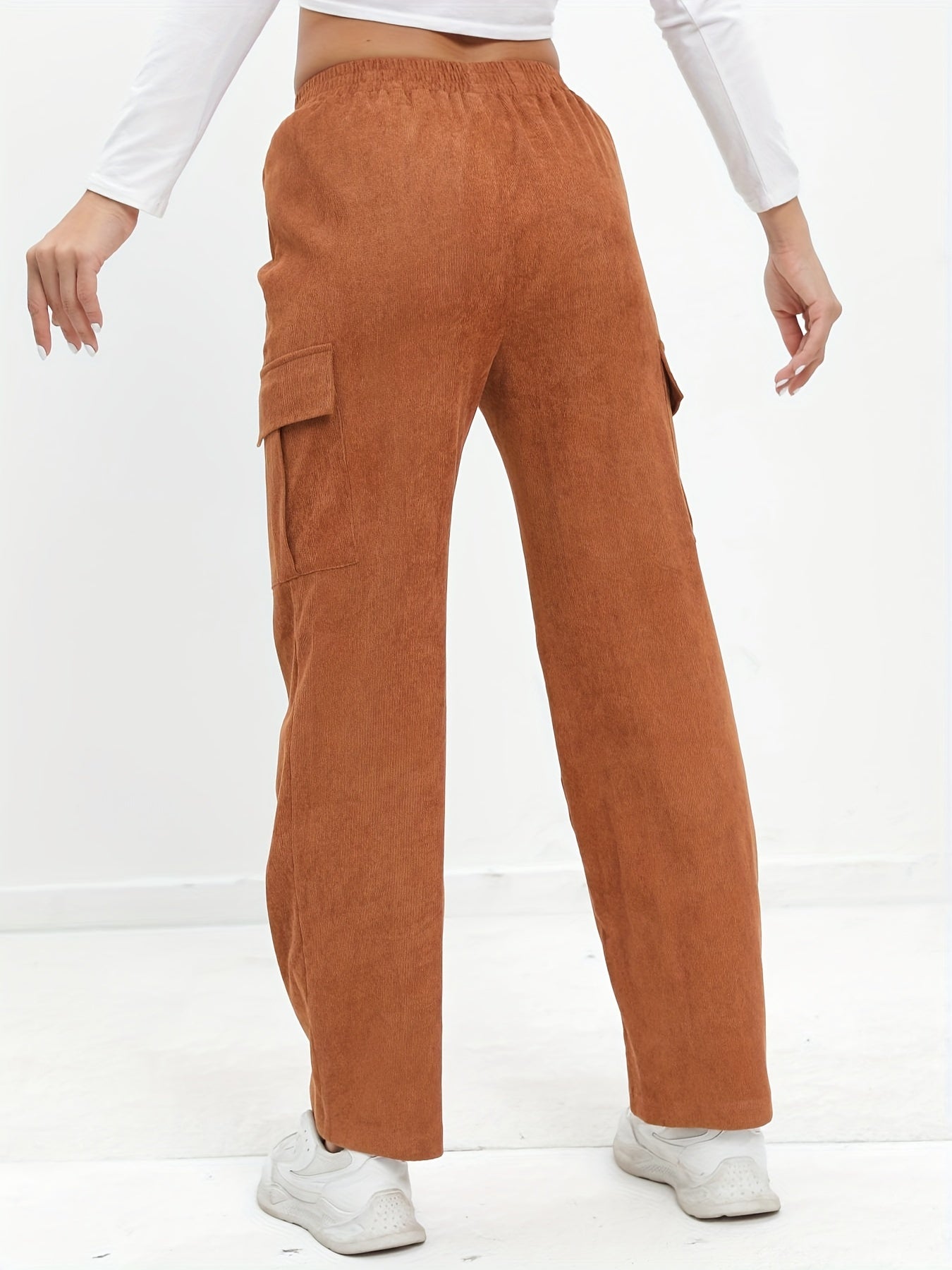 vlovelaw  Solid Pocket Straight Leg Pants, Casual Elastic Waist Pants, Women's Clothing