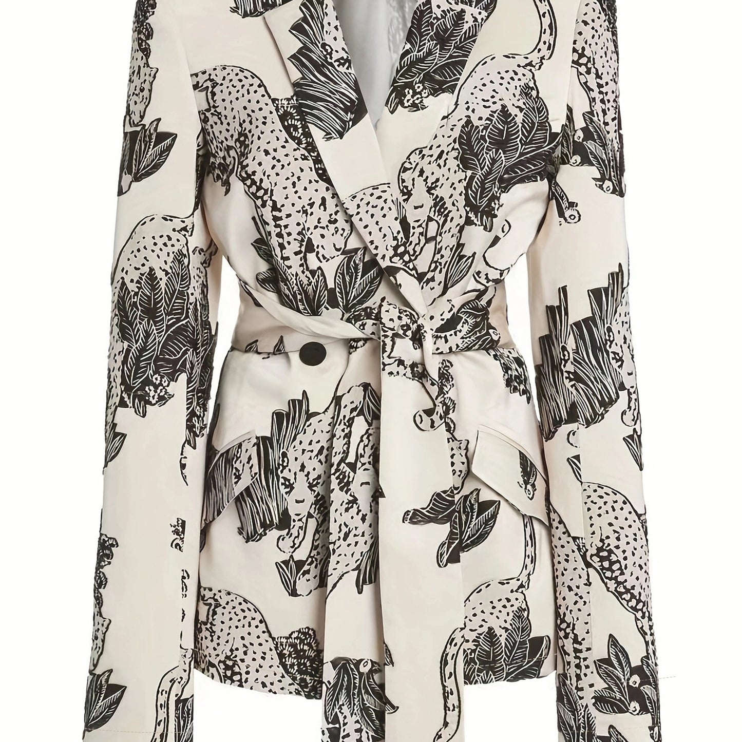 Allover Print Lapel Neck Belted Blazer, Casual Long Sleeve Blazer For Work, Women's Clothing
