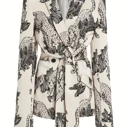 Allover Print Lapel Neck Belted Blazer, Casual Long Sleeve Blazer For Work, Women's Clothing