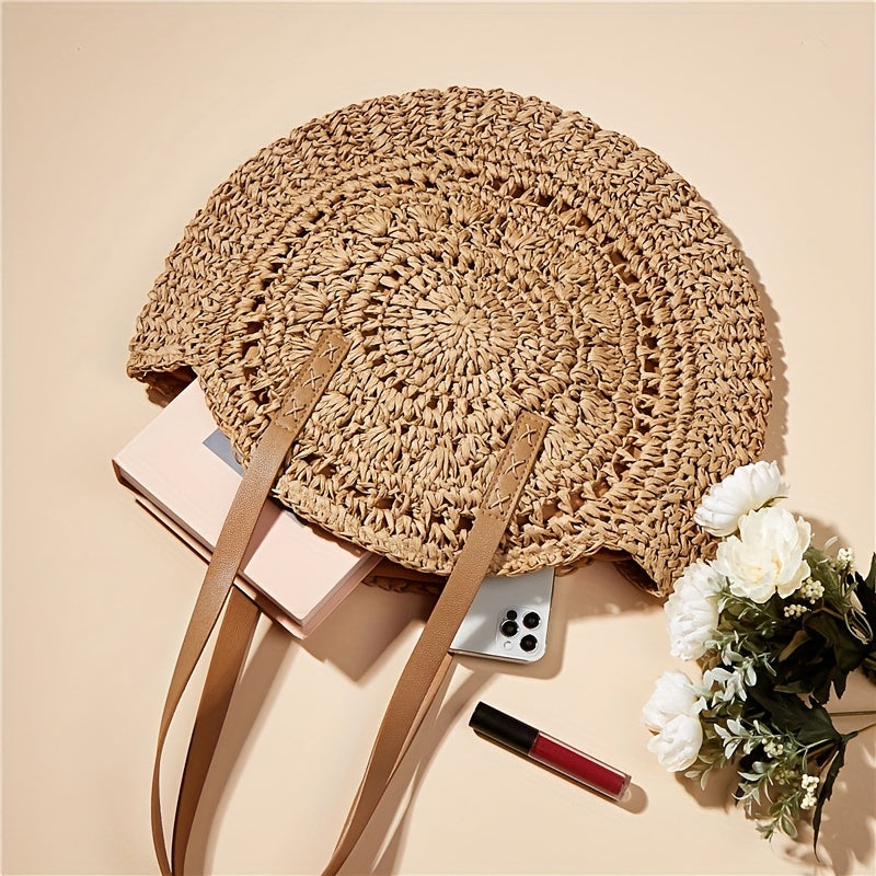 Summer Hollow Design Round Straw Bag, Minimalist Woven Women's Shoulder Bag, Beach Bag