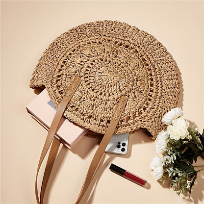 Summer Hollow Design Round Straw Bag, Minimalist Woven Women's Shoulder Bag, Beach Bag