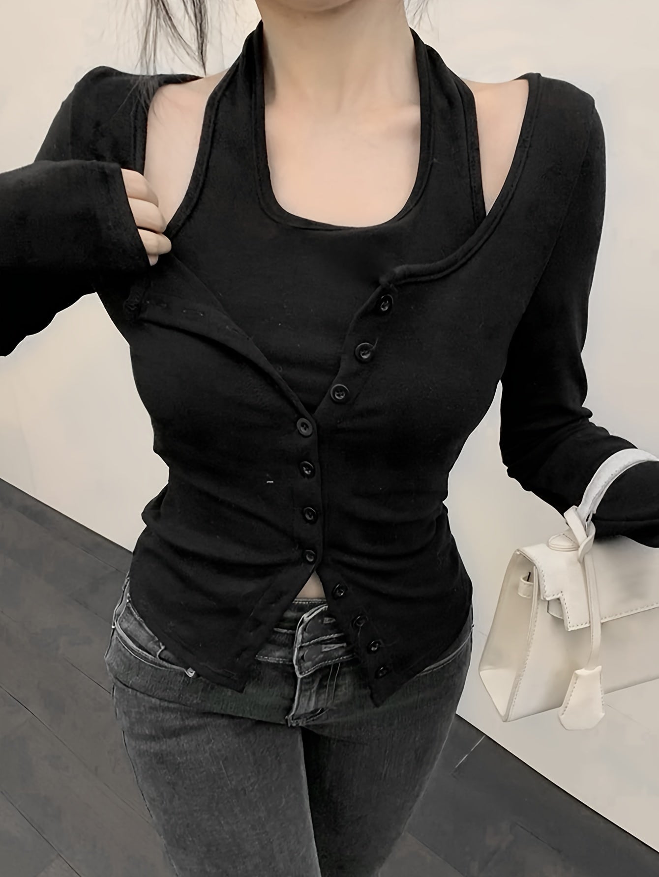vlovelaw Faux Twinset Halter Neck Top, Casual Long Sleeve Button Top For Spring & Fall, Women's Clothing