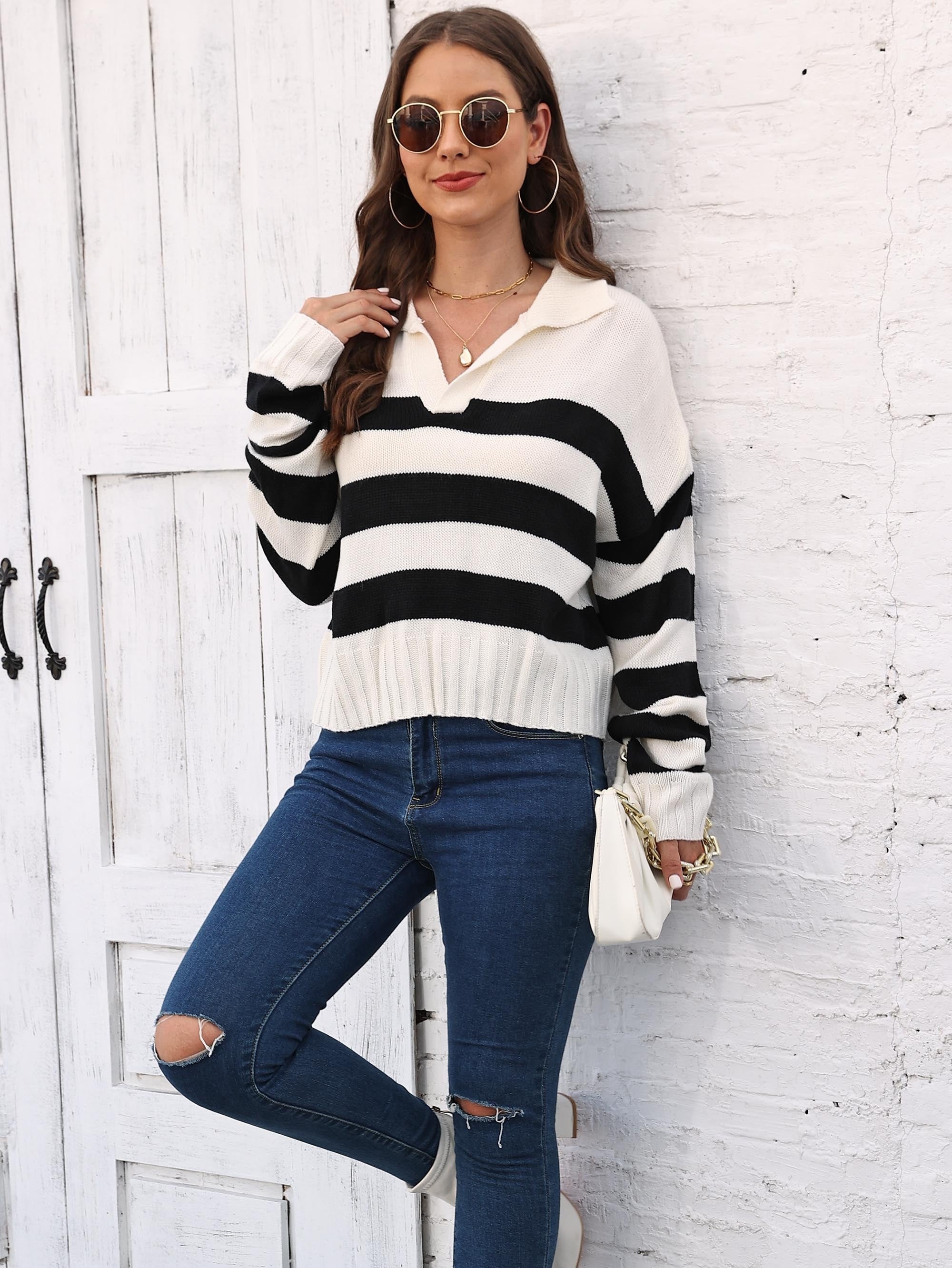 vlovelaw  Striped V Neck Pullover Sweater, Casual Long Sleeve Drop Shoulder Sweater, Women's Clothing