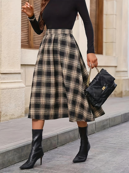 Plaid Pattern High Waist Skirt, Elegant A Line Midi Sirt, Women's Clothing
