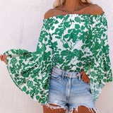 vlovelaw Women's T-shirt Women Floral Print Smocked Cuff Flare Sleeve Shirt