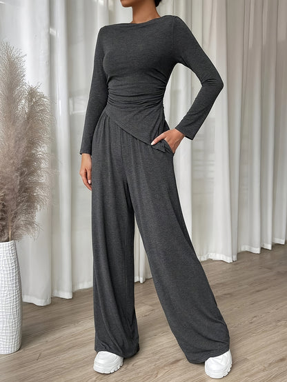 vlovelaw  Solid Color Spring Casual Two-piece Set, Off Shoulder Asymmetrical Hem Long Sleeve Top & Wide Leg Pants With Pockets Outfits, Women's Clothing