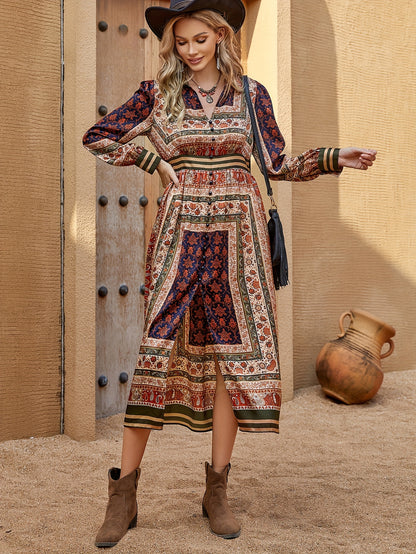 vlovelaw Boho Allover Print Button Detail Dress, Vintage V Neck Long Sleeve Dress For Spring & Fall, Women's Clothing