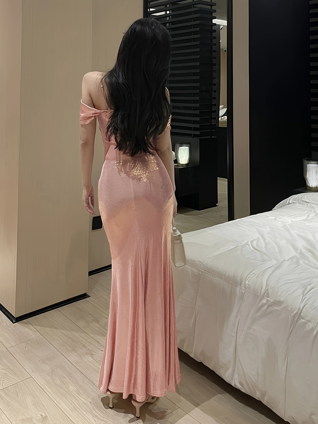 vlovelaw  Solid Lace Trim Cold Shoulder Dress, Elegant Ruffle Hem Bodycon Pleated Dress For Banquet & Party, Women's Clothing