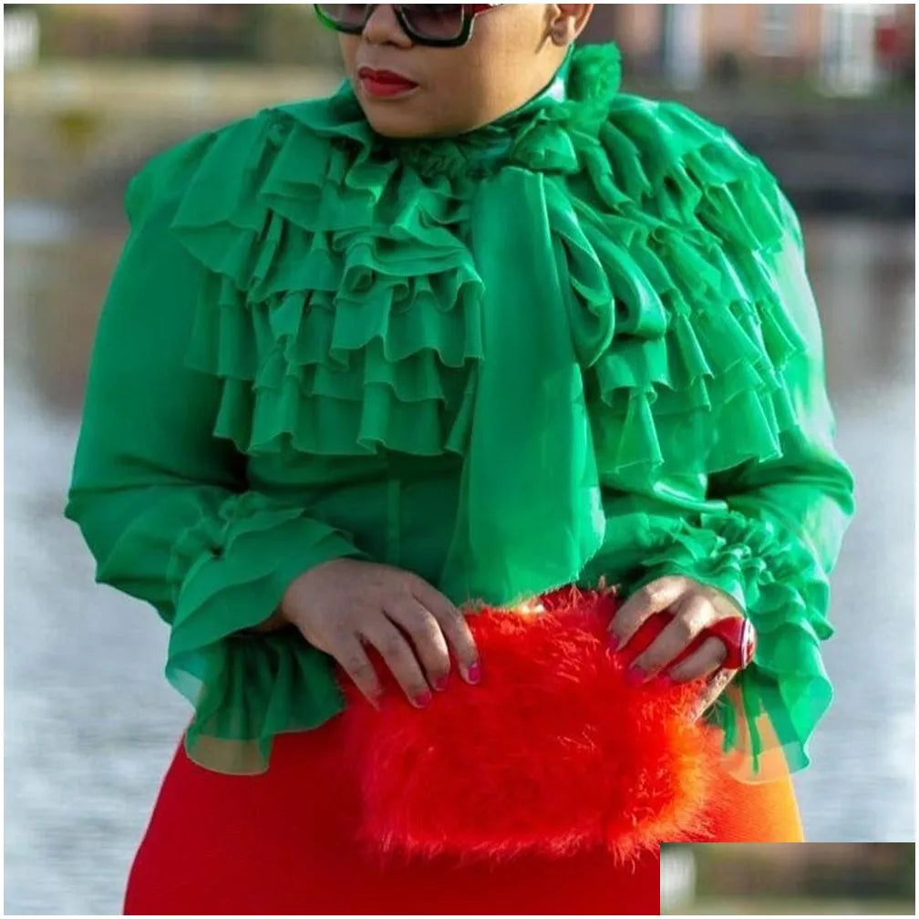 Women'S Blouses Shirts Plain Fal Long Sleeve Women Summer Pink Ruffles Tops Blouse Female Plus Size Office Ol Elegant Lady Mx20040 Dhtcg