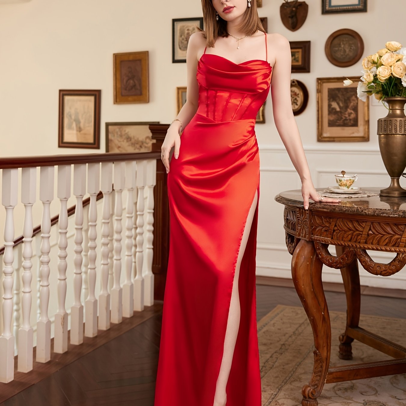 vlovelaw Cowl Neck Corset Cami Dress, Satin Formal Cocktail Prom Dress, Women's Clothing