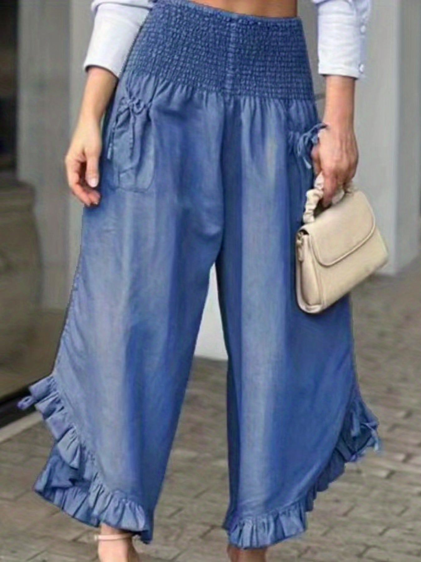 vlovelaw  Shirred Waist Ruffle Trim Pants, Casual Solid Pockets Comfy Pants For Spring & Fall, Women's Clothing