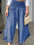 vlovelaw  Shirred Waist Ruffle Trim Pants, Casual Solid Pockets Comfy Pants For Spring & Fall, Women's Clothing