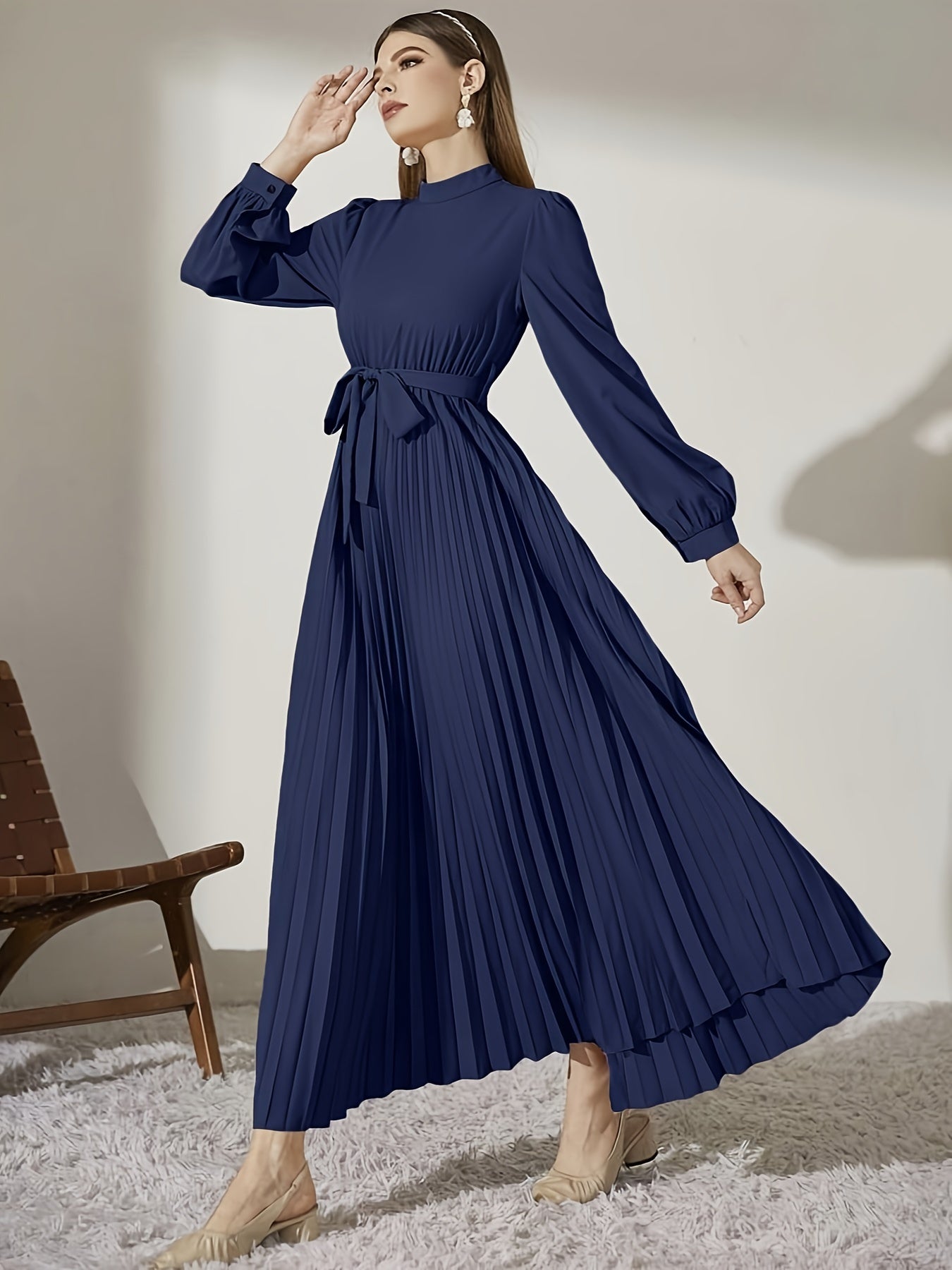 vlovelaw  Solid Color Tie-waist Pleated Dress, Casual Mock Neck Dress For Spring & Fall, Women's Clothing