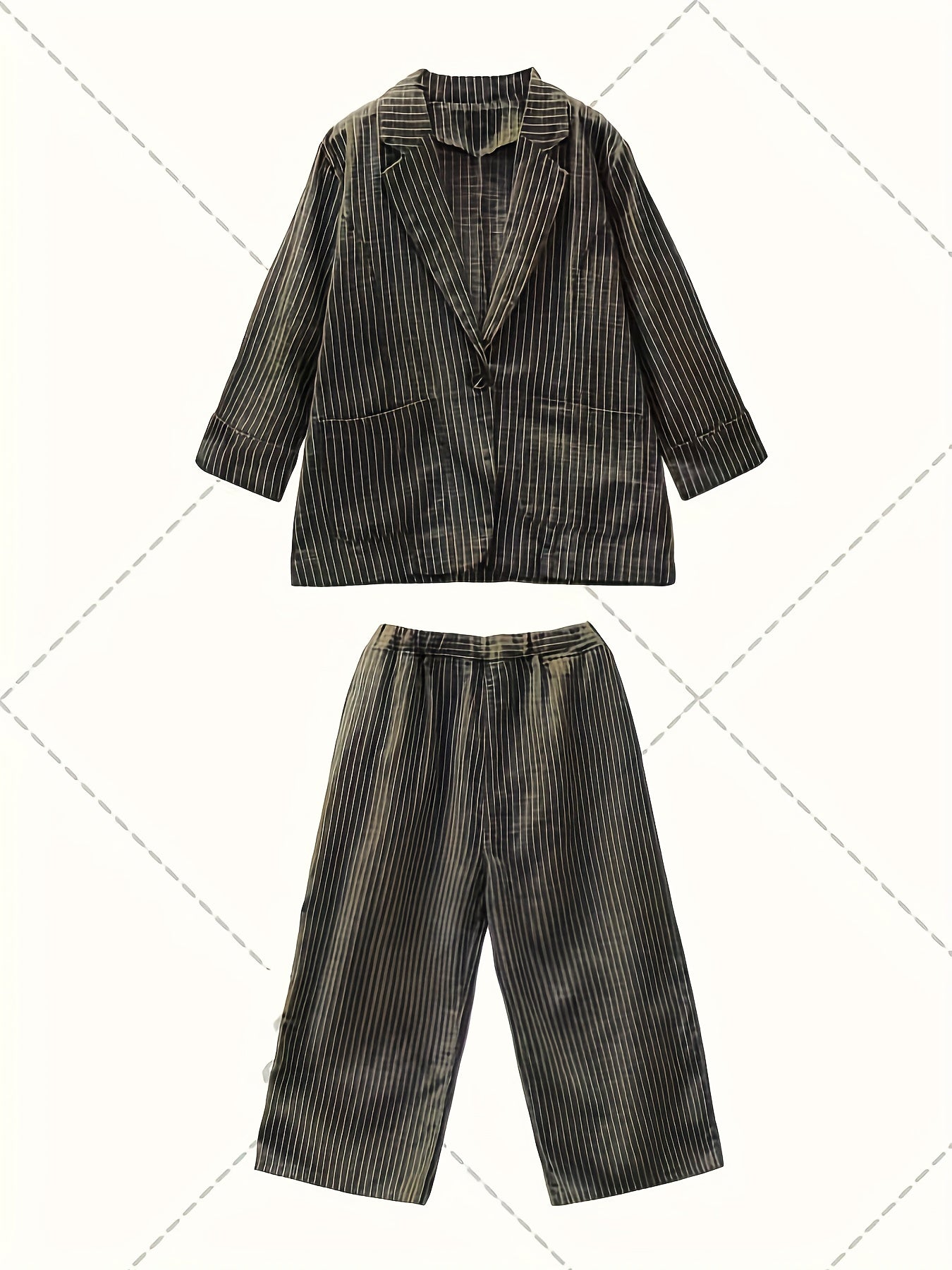 vlovelaw  Striped Print Casual Two-piece Set, Lapel One Button Long Sleeve Blazer & Long Length Wide Leg Pants Outfits, Women's Clothing