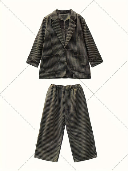 vlovelaw  Striped Print Casual Two-piece Set, Lapel One Button Long Sleeve Blazer & Long Length Wide Leg Pants Outfits, Women's Clothing