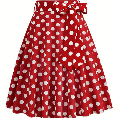vlovelaw  Polka Dot Print Pleated Skirts, Vintage Bow Flare Skirts For Spring & Summer, Women's Clothing