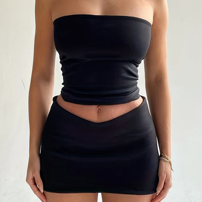 Solid Sexy Two-piece Set, Ruched Off Shoulder Tube Top & Bag Hip Mini Skirts Outfits, Women's Clothing