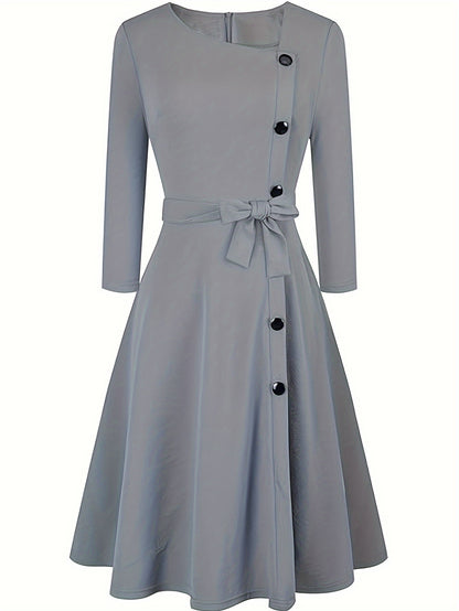 vlovelaw  Asymmetrical Neck Solid Dress, Elegant 3/4 Sleeve Mini Dress, Women's Clothing