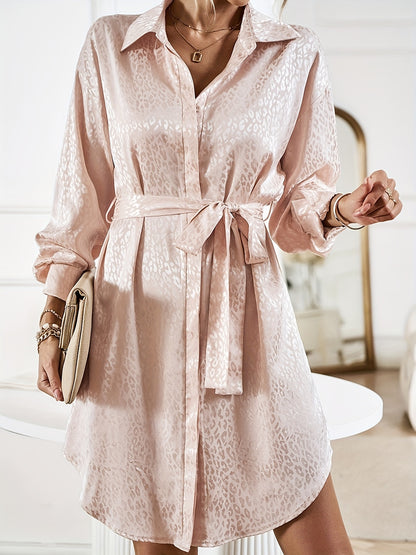 Leopard Pattern Polo Collar Belted Dress, Casual Button Front Long Sleeve Dress, Women's Clothing