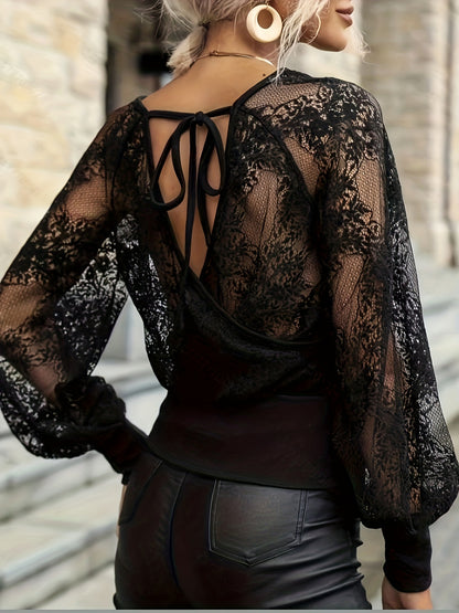 vlovelaw Floral Mesh Stitching V Neck T-Shirt, Casual Lantern Sleeve Top For Spring & Fall, Women's Clothing