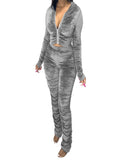vlovelaw  Casual Ruched Two-piece Set, Zip Up Hoodie & Solid Pants Outfits For Spring & Fall, Women's Clothing