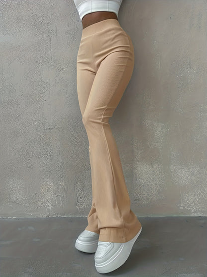 Solid Ribbed Flare Leg Pants, High Waist Slim Elastic Pants, Women's Clothing