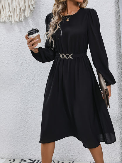 vlovelaw  Solid Color Tie Back Dress, Elegant Chain Belt Crew Neck Long Sleeve Dress For Spring & Fall, Women's Clothing