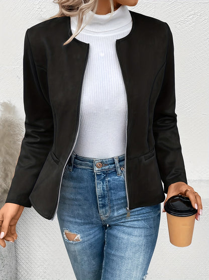 vlovelaw Solid Zip Up Jacket, Casual Long Sleeve Crew Neck Outerwear For Spring & Fall, Women's Clothing