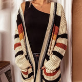 vlovelaw  Color Block Striped Knit Cardigan, Vintage Open Front Long Sleeve Sweater With Pocket, Women's Clothing