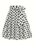 vlovelaw  Polka Dot Print Pleated Skirts, Vintage Bow Flare Skirts For Spring & Summer, Women's Clothing