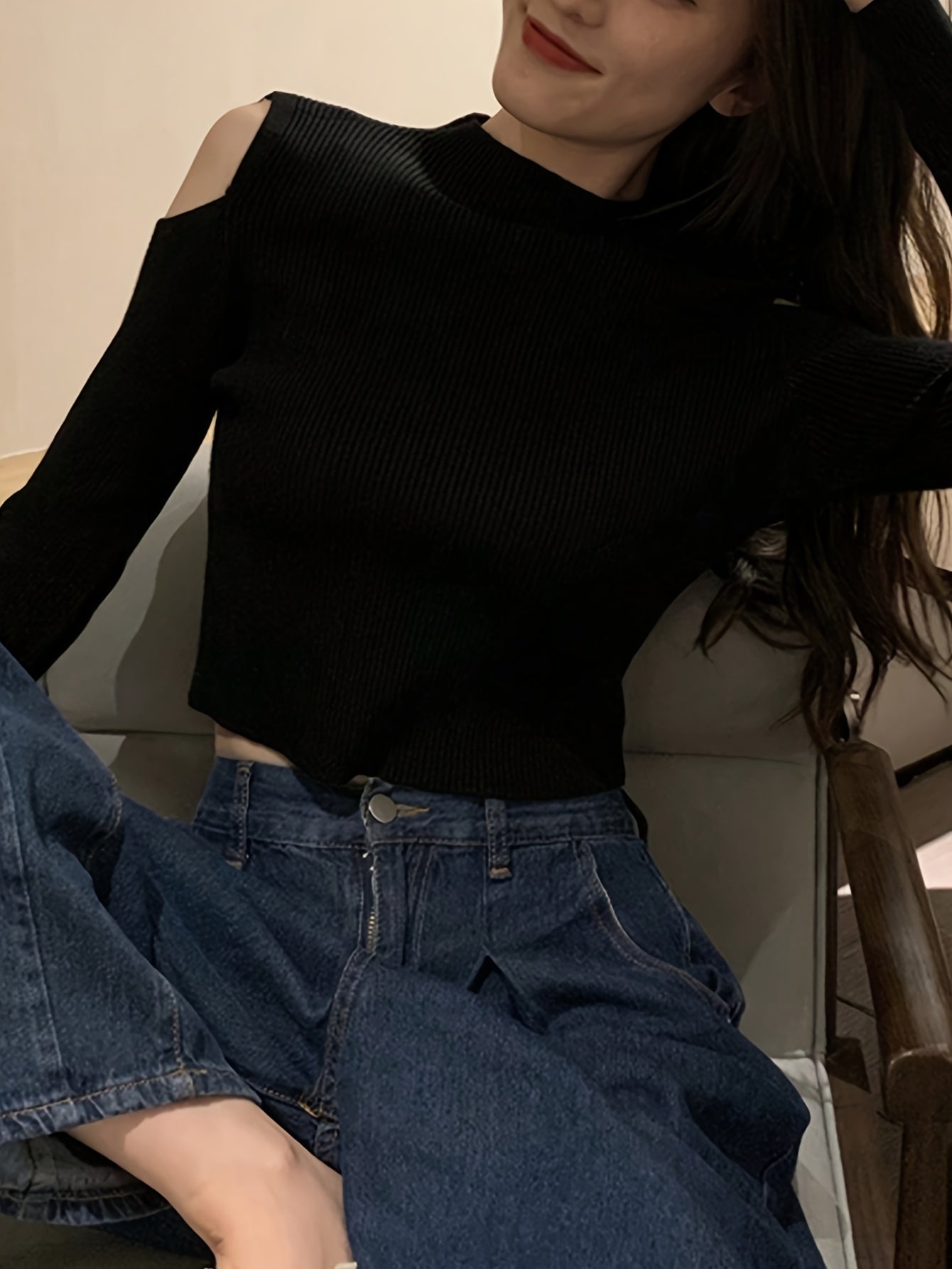 Solid Mock Neck Knitted Top, Casual Cold Shoulder Long Sleeve Slim Sweater, Women's Clothing