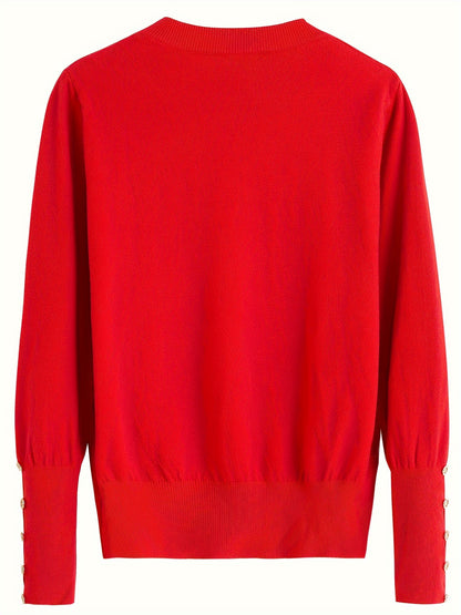 Solid Cut Out Knitted Top, Casual Button Long Sleeve Inner Wear Sweater, Women's Clothing