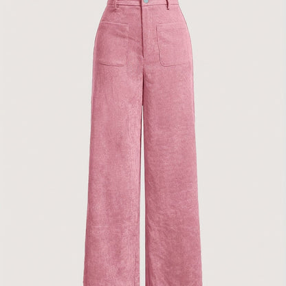 vlovelaw Solid Corduroy Straight Leg Pants, Vintage Patched Pocket Loose Pants, Women's Clothing