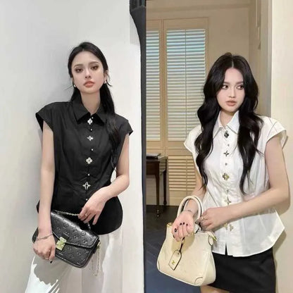 Women's Blouses & Shirts Designer Brand High Set Placket, Hand Sewn Hardware, Metal Label, Waist Collection, Slimming Shirt, New Sleeveless Collar Shirt for Summer 88L5