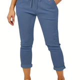 vlovelaw  Plus Size Casual Pants, Women's Plus Solid Drawstring Roll Up Hem Slight Stretch Pants