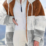 vlovelaw  Color Block Hooded Teddy Coat, Casual Zip Up Long Sleeve Winter Warm Outerwear, Women's Clothing