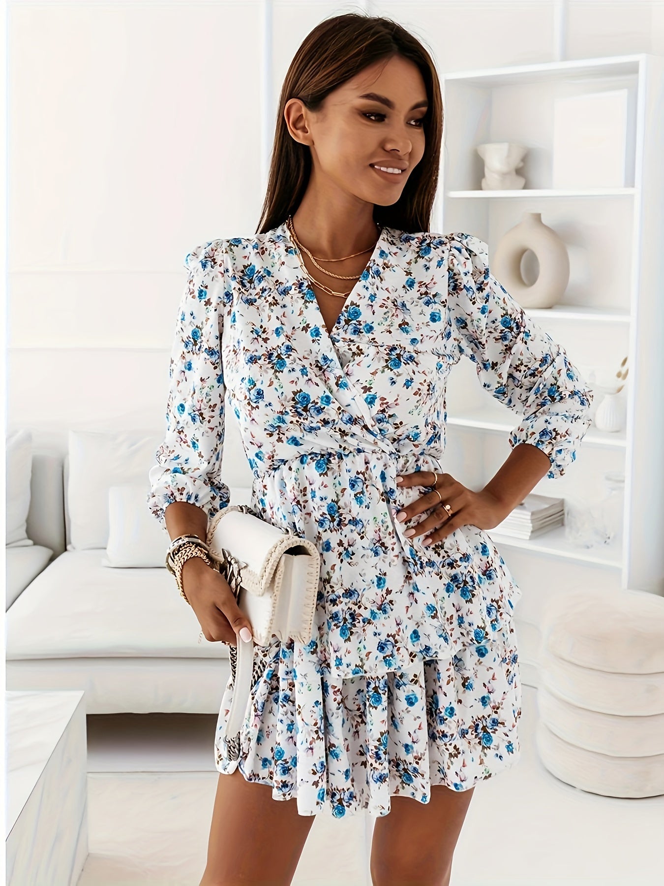 vlovelaw Floral Print Surplice Neck Dress, Casual Long Sleeve Layered Hem Dress, Women's Clothing
