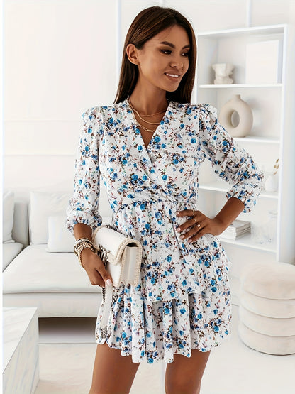 vlovelaw Floral Print Surplice Neck Dress, Casual Long Sleeve Layered Hem Dress, Women's Clothing