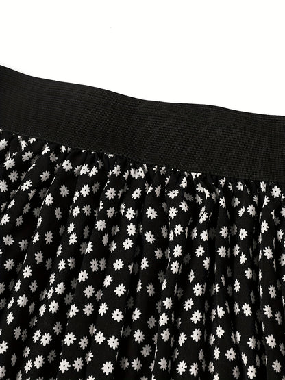 Plus Size Casual Skirt, Women's Plus Dot Print High Rise Slight Stretch Maxi Skirt
