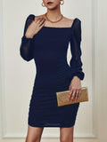 vlovelaw  Ruched Bodycon Mini Dress, Sexy Square Neck Long Sleeve Dress, Women's Clothing
