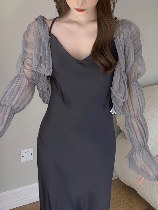 vlovelaw Button Front Ruched Crop Blouse, Long Sleeve Illusion Top, Women's Clothing