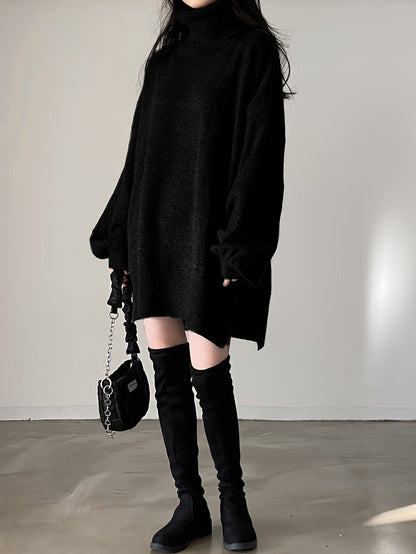 vlovelaw  Solid Turtle Neck Oversized Sweater, Casual Long Sleeve Split Sweater, Women's Clothing