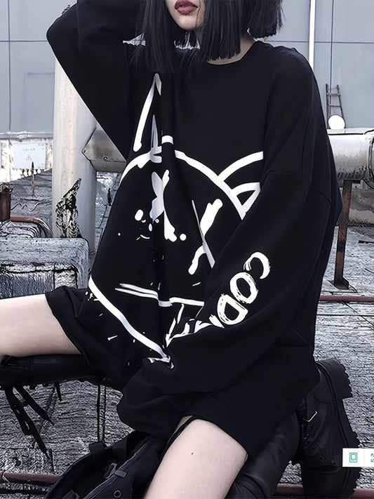 Graffiti Print Crew Neck T-Shirt, Casual Loose Long Sleeve Top For Spring & Fall, Women's Clothing